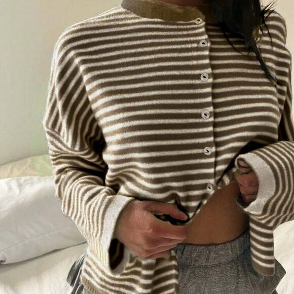Brown Casual Women's Vivid Style Street Striped Knit Cardigan sweater - Picture 6 of 7